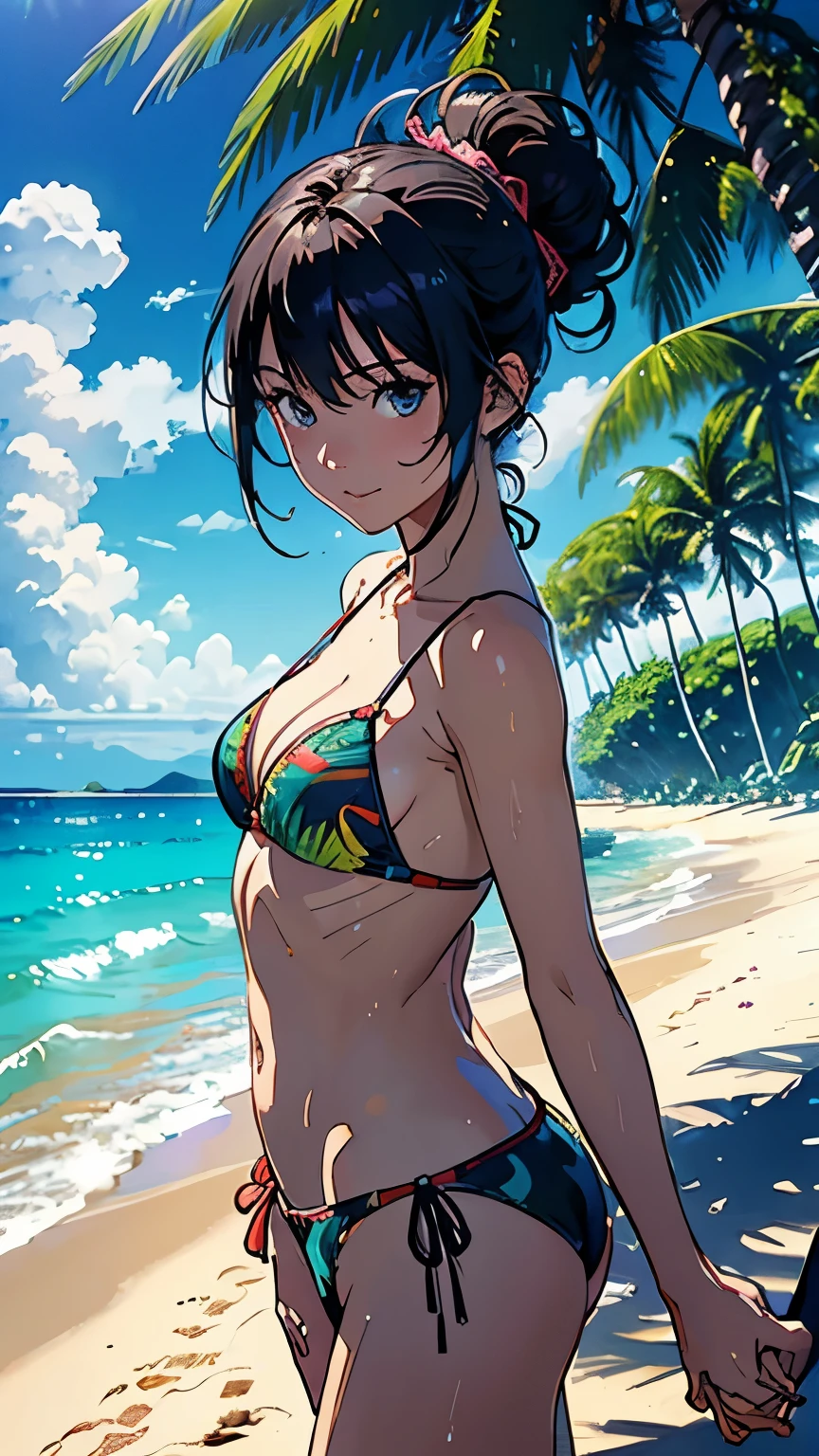 [ 4K digital art ]、((highest quality, masterpiece, High resolution))、((anime art))、 ((reality))、beautiful japanese woman、((two women))、18-year-old、((They are friends、hold hands))、(Detailed depiction of a beautiful face)、smile gently、small breasts、slim body shape、medium short hair、semi-long、bun hair、Wet see-through bikini、(Wrap your waist in fabric with bold ethnic patterns and plenty of primary colors.。.)、realistic skin、Wet、full body、No zoom、No close-ups、(Beautiful tropical beach landscape photography)、cinematic light、tropical、(flowers on the beach)、Against the background of palm trees、on a sunny beach、With the sea in the background、squall、rainbow、blur background、