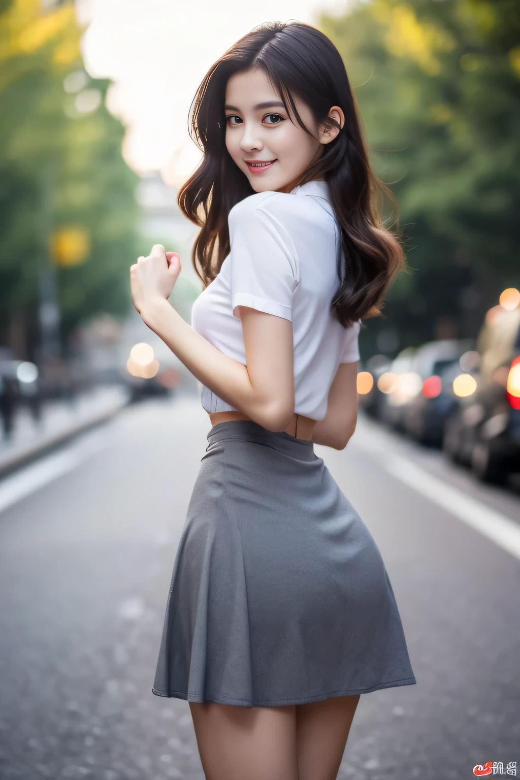 (8k, RAW photo, highest quality, masterpiece: 1.2), (realistic, photorealistic: 1.37), Super detailed, ultra high resolution, one girl, Beholder, beautiful and detailed face, smile, narrow, (slim waist: 1.3), shirt, Fine and beautiful skin, skin texture, floating hair, professional lighting, Medium chest, gentle eyes、gray flared skirt、super mini skirt、body silhouette、Cool and beautiful woman in her 20s、Turn around and do a sexy pose、A full-body cut where your skirt flutters in the wind as you turn around.