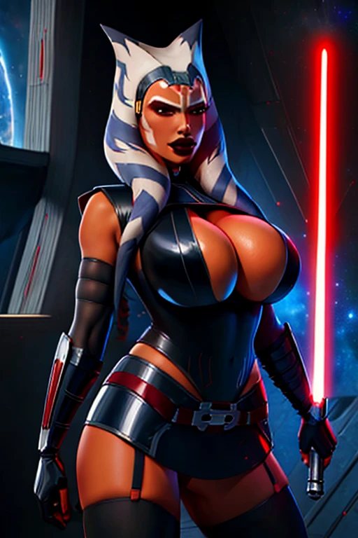 ahsoka tano wearing a skimpy outfit and a leather headpiece red lightsabers, evil space knight, space ninja, (wearing black robes, black stealth armor, breastplate, tunic, tabard, cowl, cloak, body glove, straps, buckles, skirts, long sleeves, fantasy, ((armor))), ((busty), slender body, thin, slim sexy body, slim waist, (((huge breasts, gigantic breasts)))), Imperial starship, Star Wars,