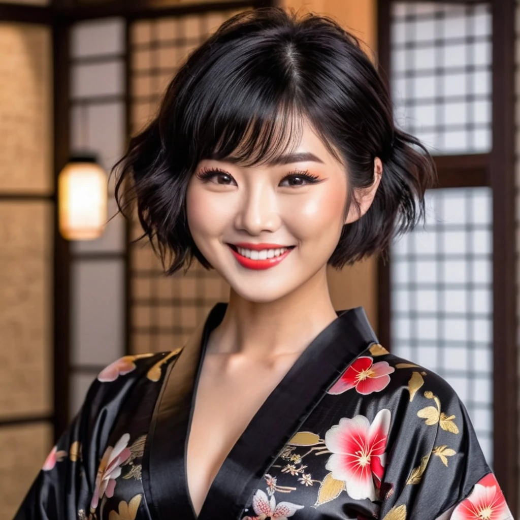 Shiny black shaggy short hairstyle、A beautiful face with a cute smile and a small face、G cup sexy body、Kimono with open chest