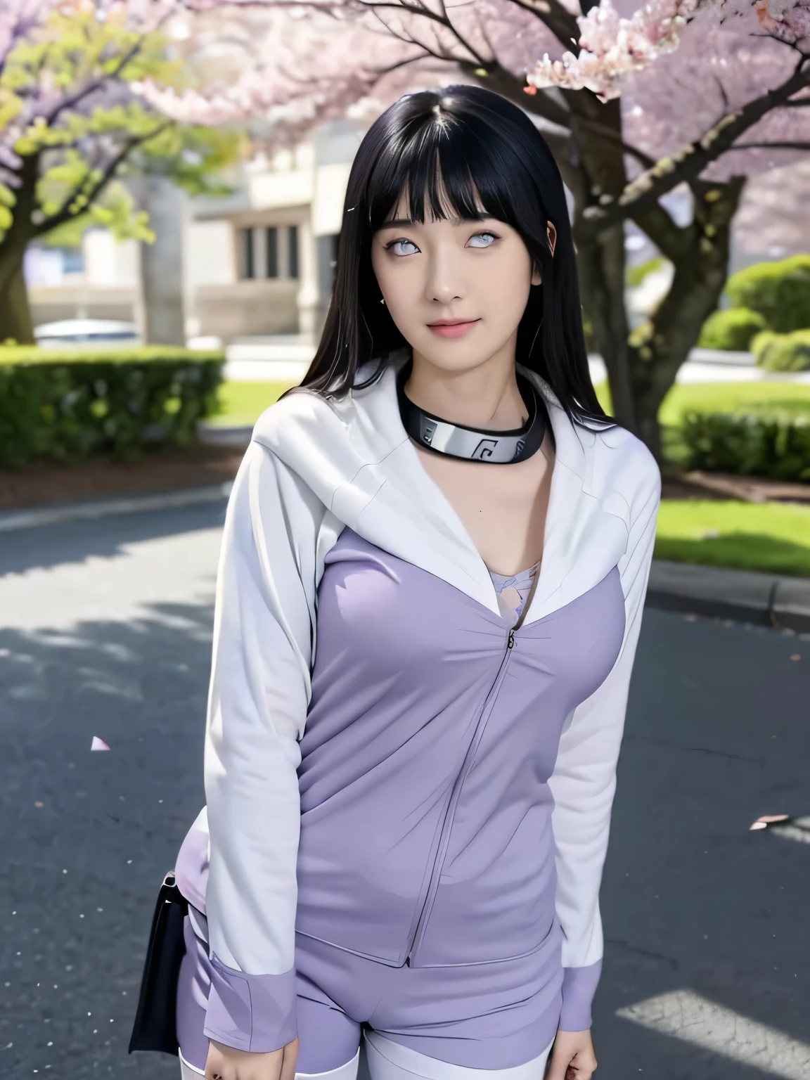 1girl, hyuga hinata in anime naruto, long straight hair, black hair, pony hair, (((white eyes:1.4))), white pupils, smile, beautiful, (purple white hoodie), short purple pant, (short pant), (very big breast), ((neckband)), konohagakure symbol on neckband, realistic clothes, detail clothes, (outdoor background), dynamic background, ultra detail, realistic, outdoor, cherry blossoms, sky, (ultra detailed), (8k, intricate), (85mm), light particles, lighting, full body, (highly detailed:1.2), (gradients), sfw, colorful, (detailed background), (rule of third_composition:1.3), (Line of action:1.2), daylight, solo, (dynamicposes)