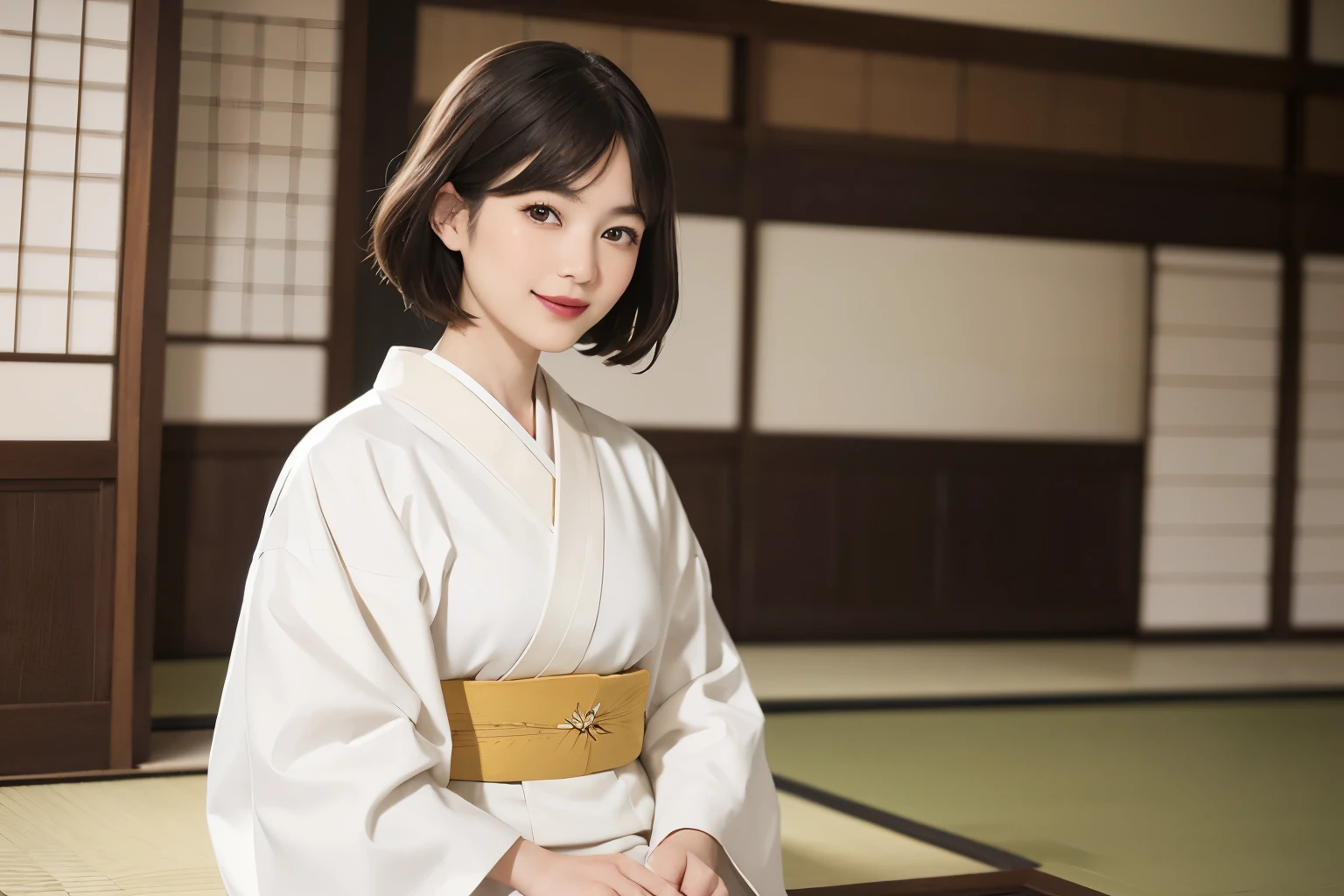 198 (snapdd00-Fp16), Japanese painting, woman, gentle smile, lipstick, short hair, Paintings by Shoen Uemura, Japanese style room, japanese architecture, Japanese garden
