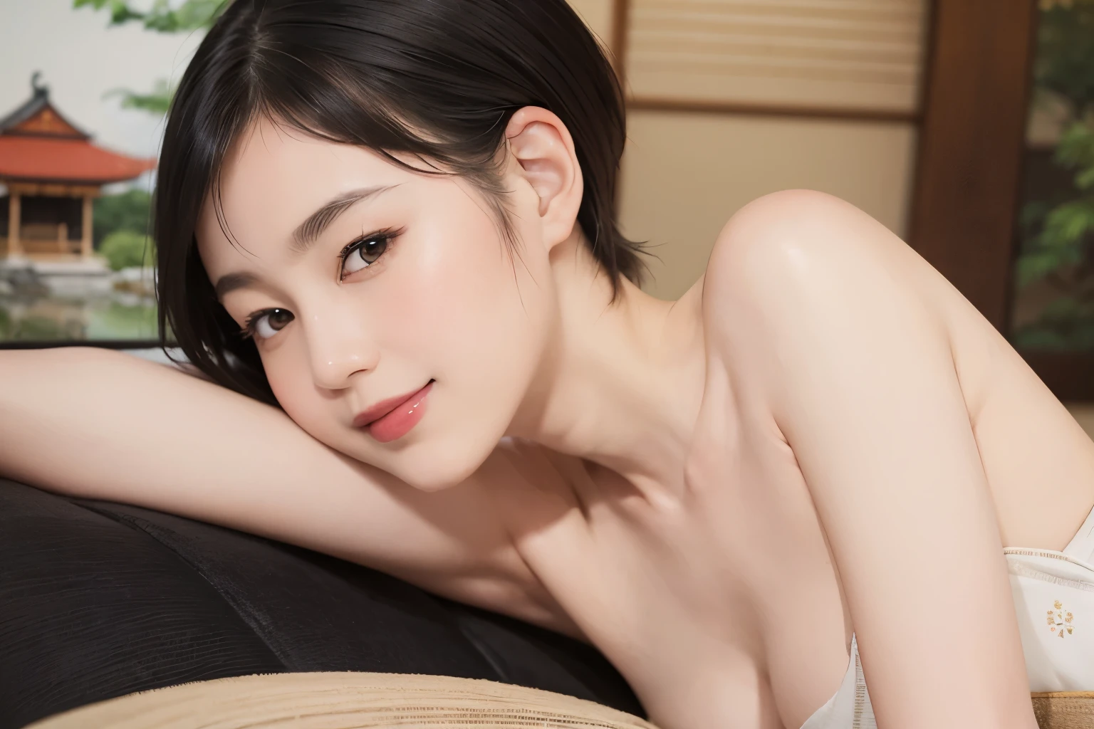 One girl, Short hair up to shoulders,Black Hair,smile, summer, Night lighting,Bed,Beautiful areola,Female announcer,Dignified face,Look at this,Slender body,front,All Nude,Fair skin, (masterpiece, Highest quality), Soft Light, Structure of the film, Like in the movies