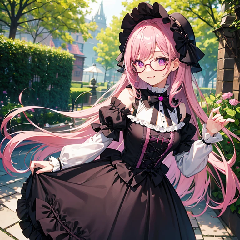 pink hair、glasses、Purple glowing eyes、black lolita dress、Black bonnet、daytime、outdoor、garden、smile at the camera、