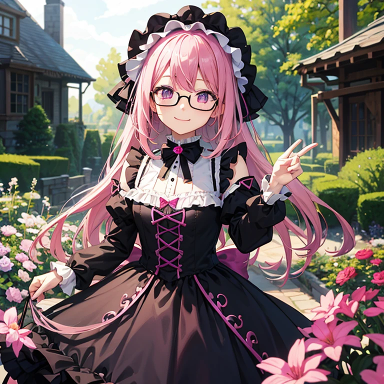 pink hair、glasses、Purple glowing eyes、black lolita dress、Black bonnet、daytime、outdoor、garden、smile at the camera、