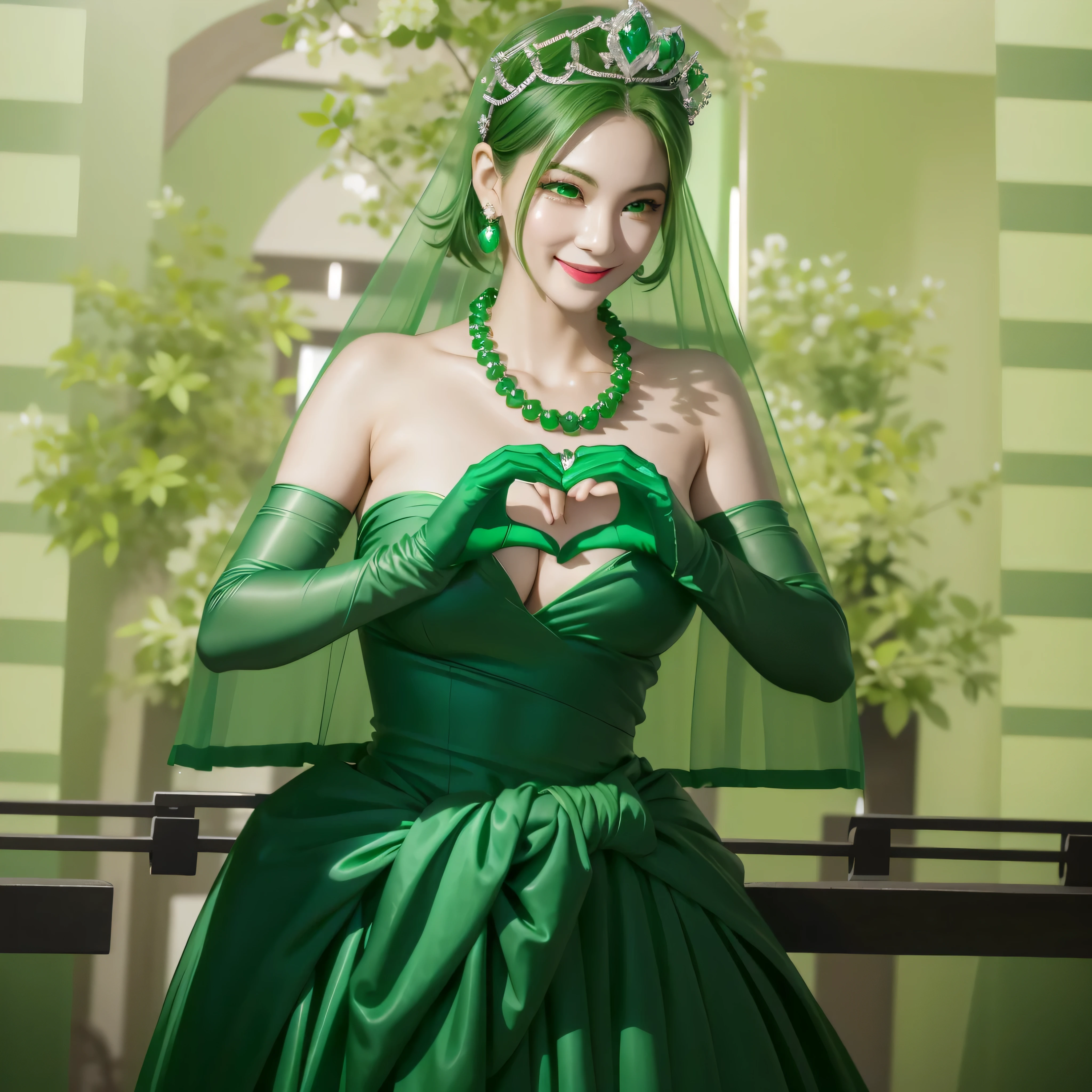 emerald tiara, green pearl necklace, boyish very short green hair, green lips, smiling Japanese woman, very short hair, Beautiful woman with big breasts, green eyes, green satin long gloves, green eyes, emerald earrings, green veil, Heart with both hands, green hair, beautiful japanese woman