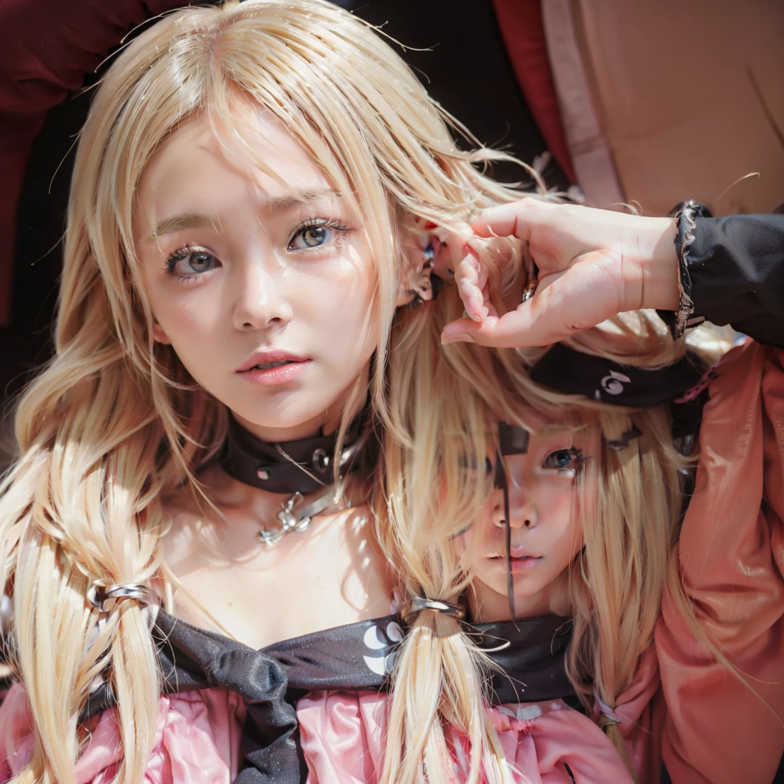 A girl with blonde hair with a pink accent,, change, small change girl, in casual clothes, pretty girl, cute face, , changesh, twin tails, portraits, extremely pretty girl face, pretty girl portrait, portrait of pretty girl, Japanese