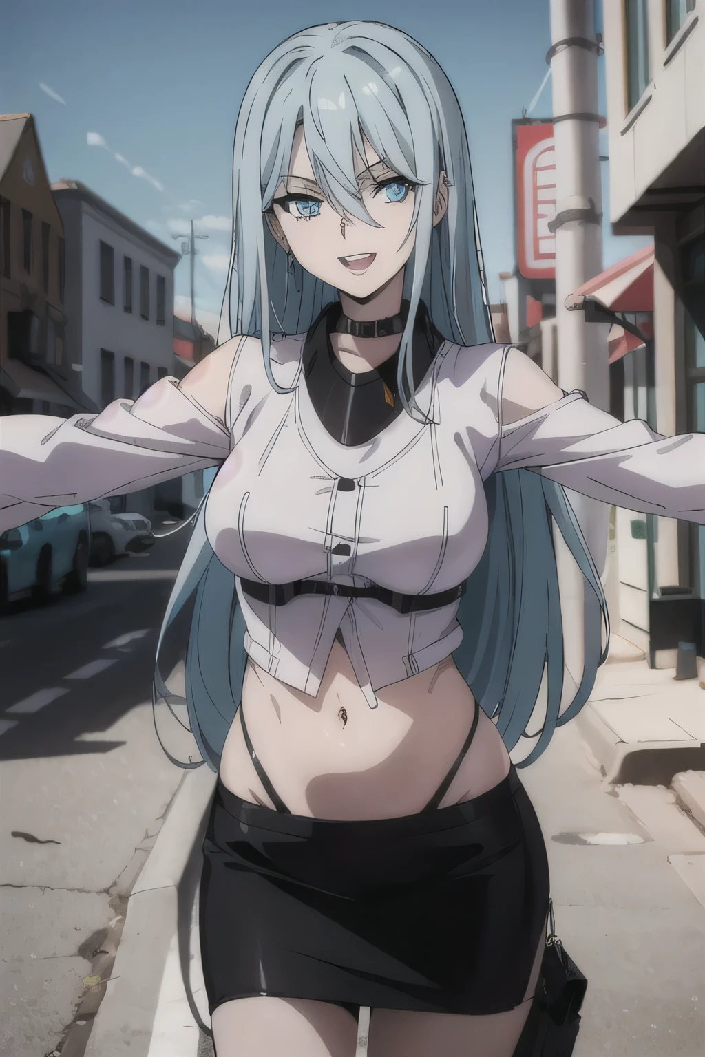 

, 1girl, solo, schnee_synduality_noir, blue hair, blue eyes, long hair, masterpiece, best quality, highly detailed, a girls with a gun, open mouth, blazer, sexy gaze, (nsfw) not
safe for work, badass pose , evil smile, smile, black bra, anime girl with long hair, long haired girl,
navel, evil expression, exposed belly, exposed navel, exposed midriff, exposed lower belly, micro
miniskirt, micro pencil skirt, pencil skirt ,holding a gun, outdoor,street,road , lipstick,open arms sideway, arms T-pose, smirk, standing, anime girl T posing