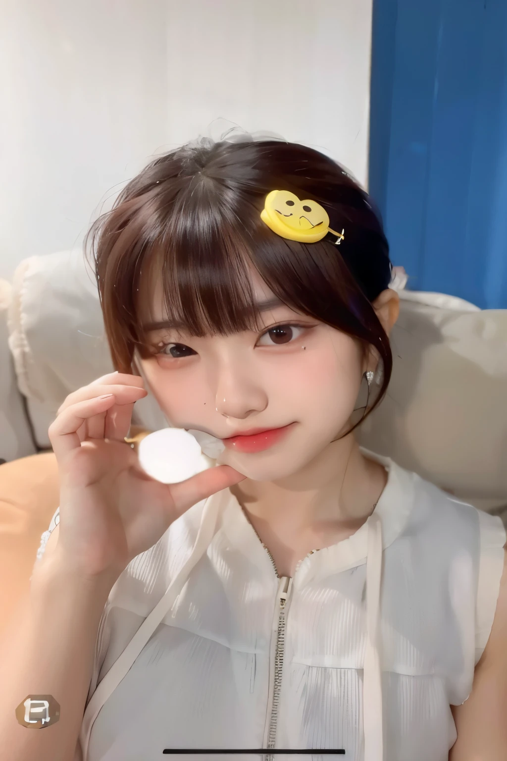 Asian Araafed woman with yellow smiley face on head, wan&#39;s Korean face is so cute, Cute young Korean face, Tzuyu from two times, With a cute-detailed face, Lalisa Manoban, Natural cute anime face, Kawaii realistic image, Cute young man with a sweet Asian face, Cute girl - clear face, with cute doting eyes, cute clear face