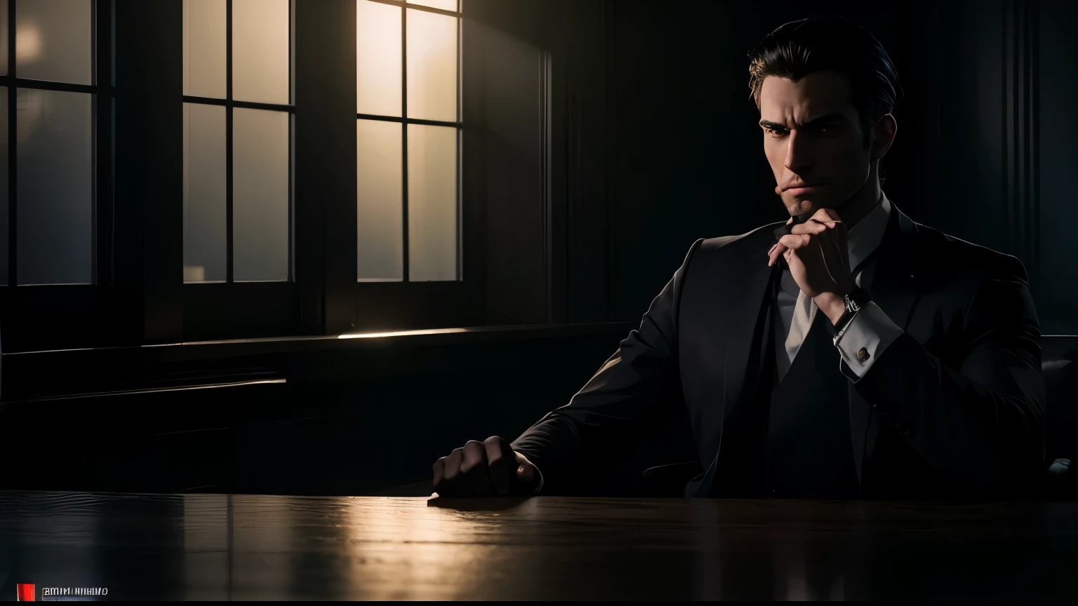 business man in suit sat at his desk, hand on table, serious expression, classic decor office, modern office, dark lighting, shadows covering his face, ambient green lighting, low lighting, moody cigar lounge aesthetic