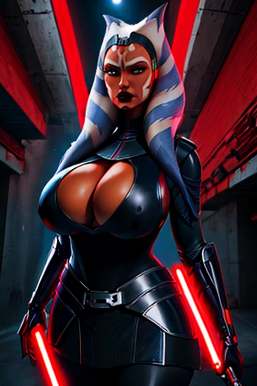 ahsoka tano red lightsabers, evil space knight, space ninja, (wearing black robes, black stealth armor, breastplate, tunic, tabard, cowl, cloak, body glove, straps, buckles, skirts, long sleeves, fantasy, ((armor))), ((busty), slender body, thin, slim sexy body, slim waist, (((huge breasts, gigantic breasts)))), Imperial starship, Star Wars,