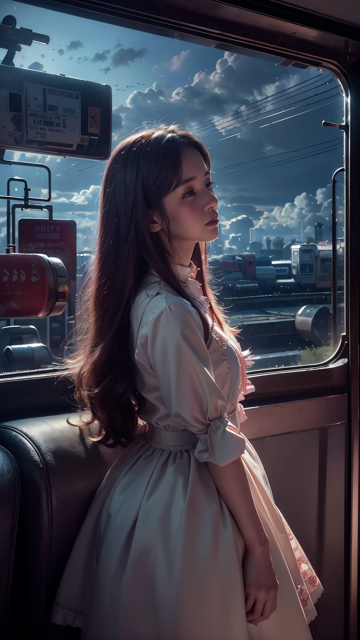 magenta tint、vibrant with colors、((tmasterpiece)))、(((quality)))、((ultra - detailed))、(Surreal)、(Very detailed CG illustration)、offcial art、CD cover、It will be、midsummer、The glorious 1980s、1 Sister,ssmile、cochetti gorgeous、incomparable beauty、long whitr hair,short blouse,Superskirt、perfect angle、Perfectcomposition、corner store,(evening,trains station,trains,Cloud),