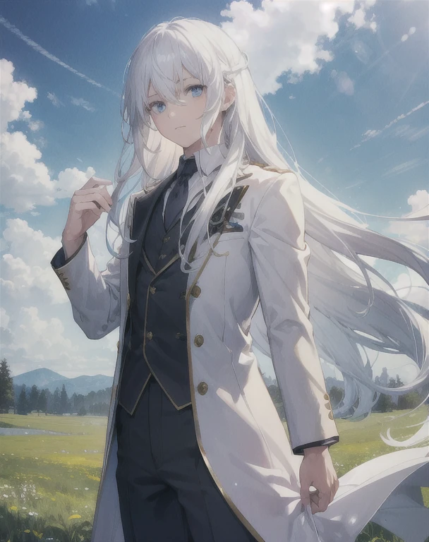 young boy,man,long hair,white hair,blue eyes,meadow,clear sky,realistic,4k,charming,very detailed,thin,