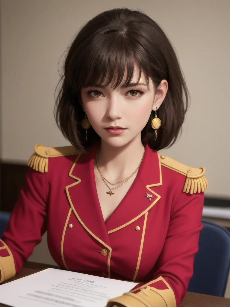 lying on desk, aroused, necklace, earrings, full body, short brown hair, red military uniform, superb, ultra-high-definition, RAW photo, realism: 1.25), (bright lip gloss, long eyelashes, smooth face, bright skin, natural shadows, wide light, wide light, depth of field, strong colors, subtle caustics: 0.8), (big tits), v6