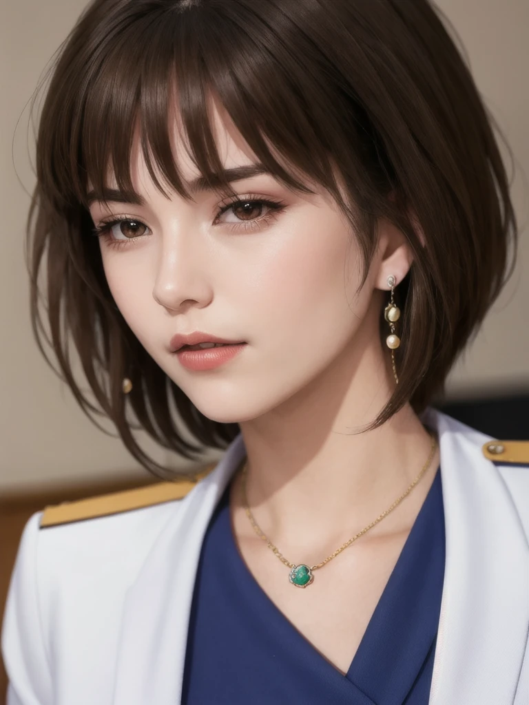 lying on desk, aroused, necklace, earrings, full body, short brown hair, red military uniform, superb, ultra-high-definition, RAW photo, realism: 1.25), (bright lip gloss, long eyelashes, smooth face, bright skin, natural shadows, wide light, wide light, depth of field, strong colors, subtle caustics: 0.8), (big tits), v6