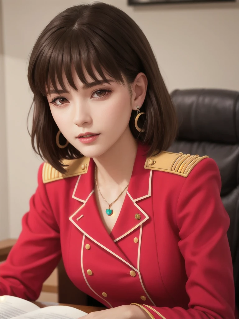 lying on desk, aroused, necklace, earrings, full body, short brown hair, red military uniform, superb, ultra-high-definition, RAW photo, realism: 1.25), (bright lip gloss, long eyelashes, smooth face, bright skin, natural shadows, wide light, wide light, depth of field, strong colors, subtle caustics: 0.8), (big tits), v6