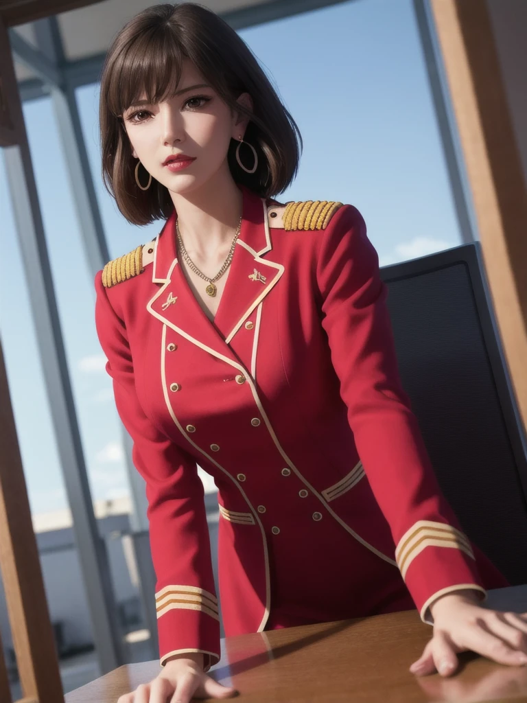 lying on desk, aroused, necklace, earrings, full body, short brown hair, red military uniform, superb, ultra-high-definition, RAW photo, realism: 1.25), (bright lip gloss, long eyelashes, smooth face, bright skin, natural shadows, wide light, wide light, depth of field, strong colors, subtle caustics: 0.8), (big tits), v6