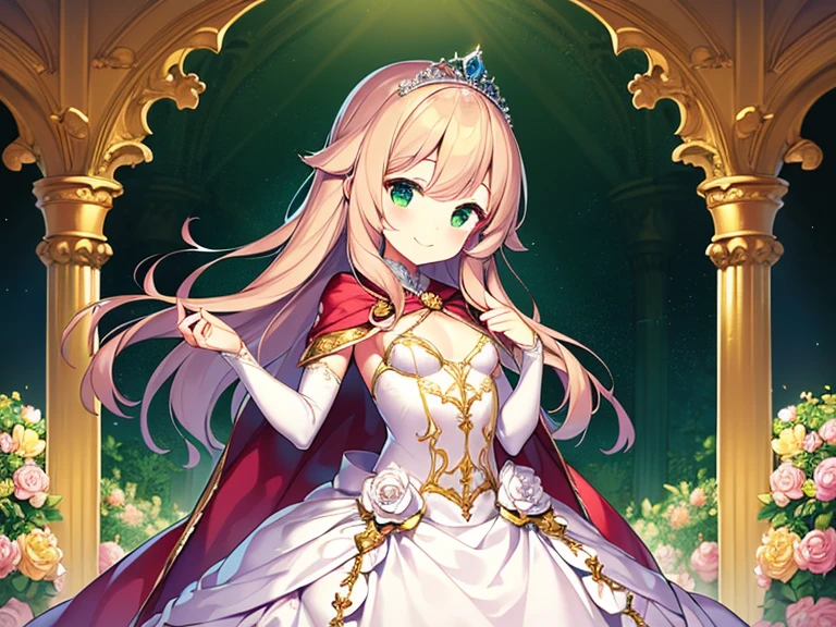 (kawaii),(best quality,4k,highres),upper body,(rococo style),(long train pink cape),(long train white ball gown with flowers),(detailed fabric),a girl wearing a cape over her dress,1 little princess, tiara, smile, very long hair,(small delicate breasts), green garden background, vibrant colors, soft lighting