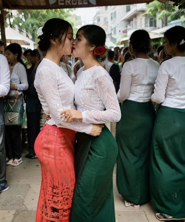 In the Myanmar traditional Thingyan festival, the girls are wet and dancing. The girls are attractive. The girls are dancing happily.nude,kiss