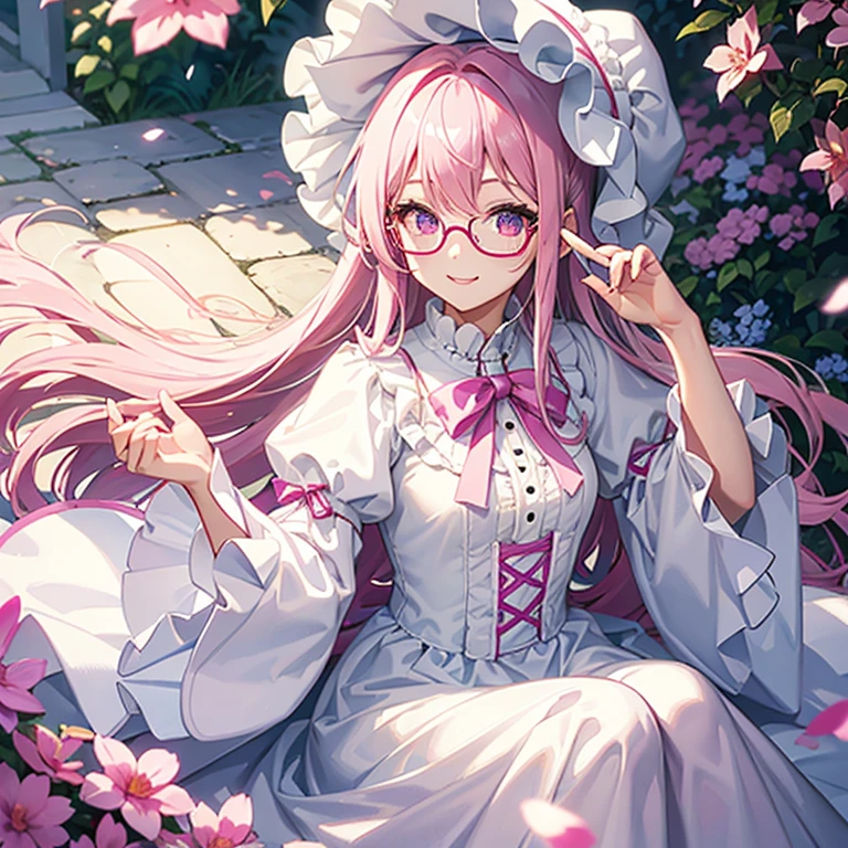 pink hair、glasses、Purple glowing eyes、White Lolita Dress、White bonnet、daytime、outdoor、garden、smile at the camera、
