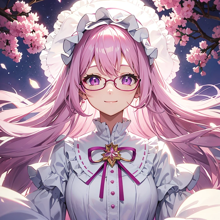 pink hair、glasses、Purple glowing eyes、White Lolita Dress、White bonnet、daytime、outdoor、garden、smile at the camera、