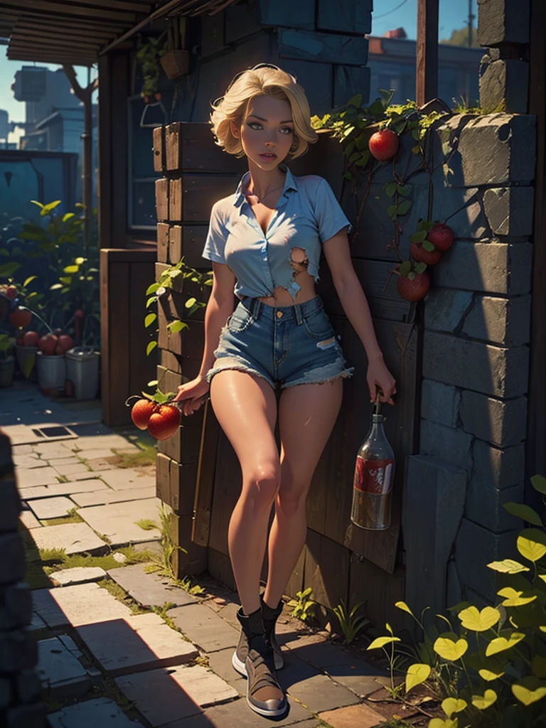 mega realistic, 1 girl, standing alone, gray hair with ponytail, Eyes red, glare eyes, top cut, short and tight jeans, parted lips, blush, natta, flowers, floor, floorlight, very muscly, large breasted, Walking on the farm, tattoos on arms, necklase, shy, White sneakers,