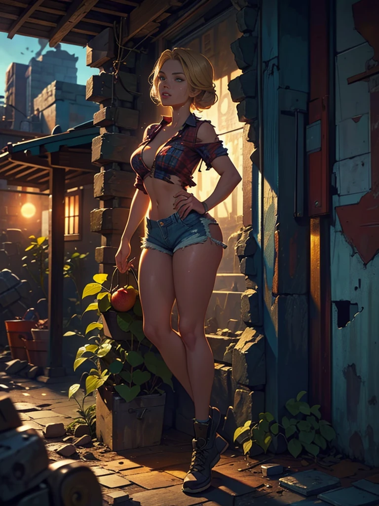 2076 year. The Urban Ruins of the Wasteland, nude Female huntress picking fruit in the garden, beautiful face, blonde, badly torn shirt and denim shorts ,  long legs, sweating through, sun rising, Nice warm colors, head to toe full body shot