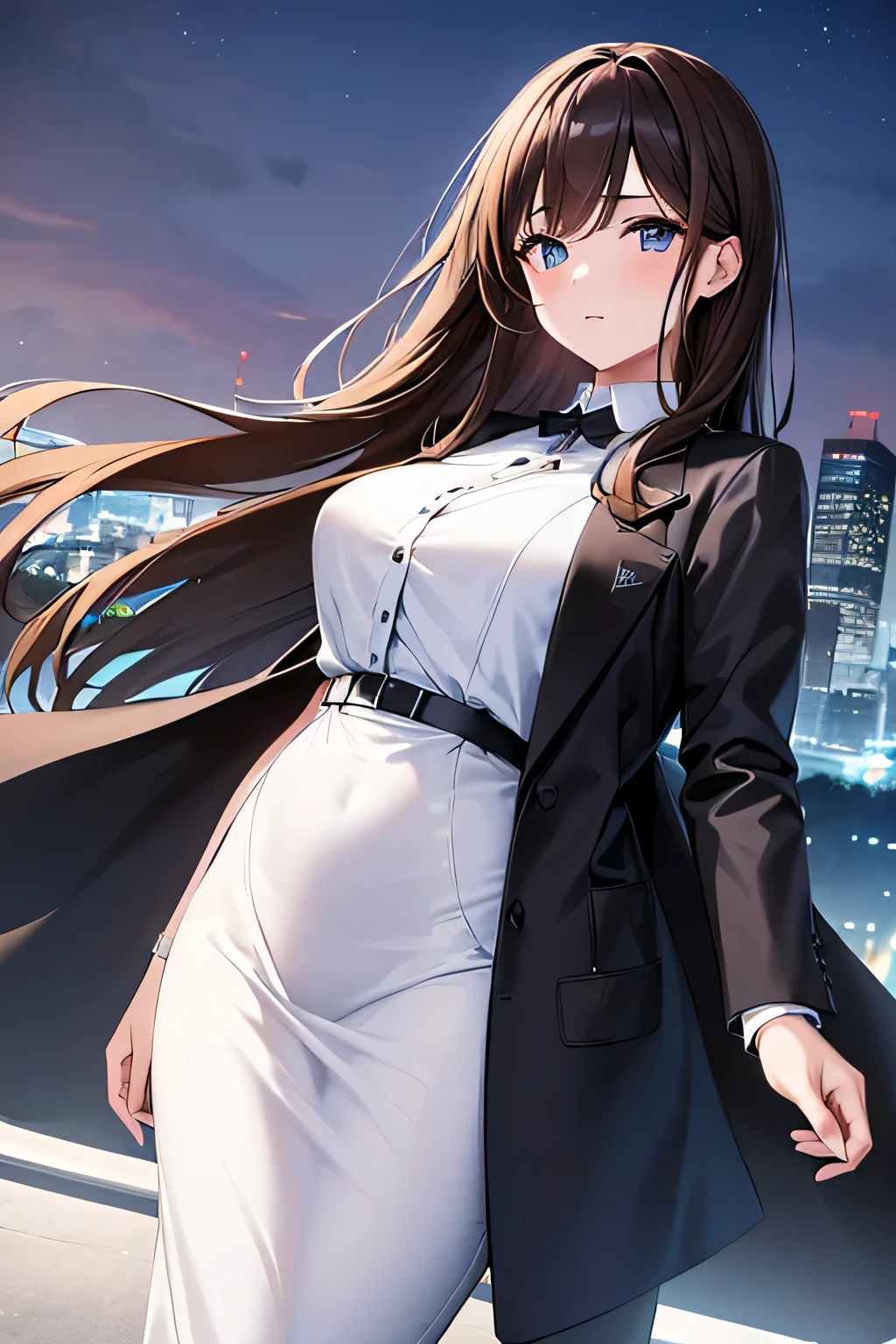 1 beautiful girl, ash brown hair, blue eyes, wearing white long dress, night sky with city lights, good figure, 1 girl wearing black dress, black hair, 1 girl wearing corporate attire, brown hair, 1 girl wearing black pants and white jacket, ((masterpiece, Best quality, a high resolution, ultra detailed))