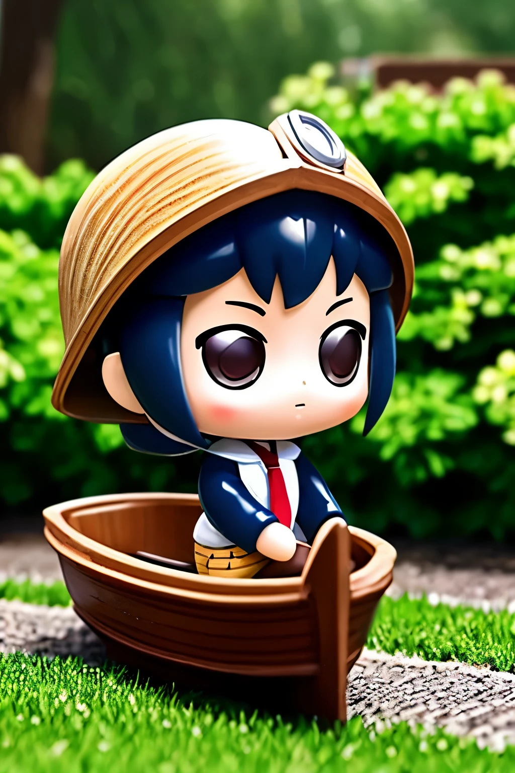 ()Please express the contents inside with a chibi girl doll.(Photoreal、Boat Racer、goggles、youth、after school、garden)