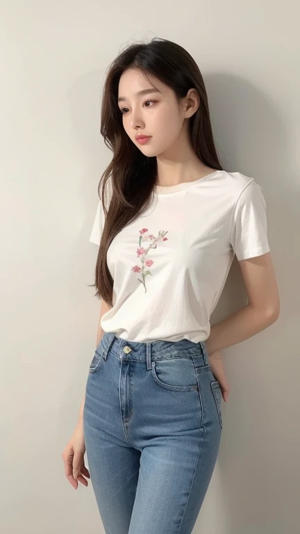 white thin flower pattern T-shirt , long Jeans pants , medium breast ,  long hair