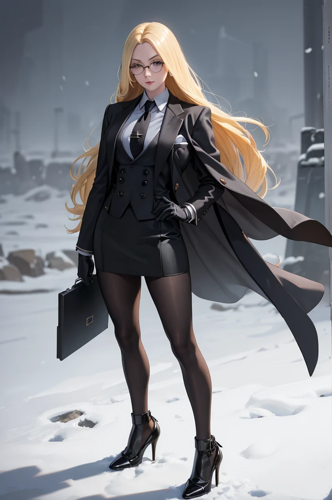 masterpiece, best quality, blonde hair, sfKolin, glasses, black shiny skirt suit, (((three-piece suit))), necktie, blazer, suit jacket, waistcoat, bodycon skirt, snow, grey sky, black gloves, holding clipboard, looking at viewer, high heels