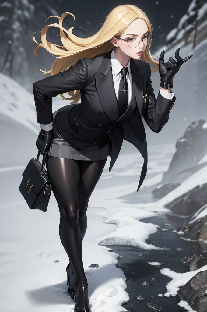 masterpiece, best quality, blonde hair, sfKolin, glasses, black shiny skirt suit, (((three-piece suit))), necktie, blazer, suit jacket, waistcoat, bodycon skirt, snow, grey sky, black gloves, holding clipboard, looking at viewer, high heels