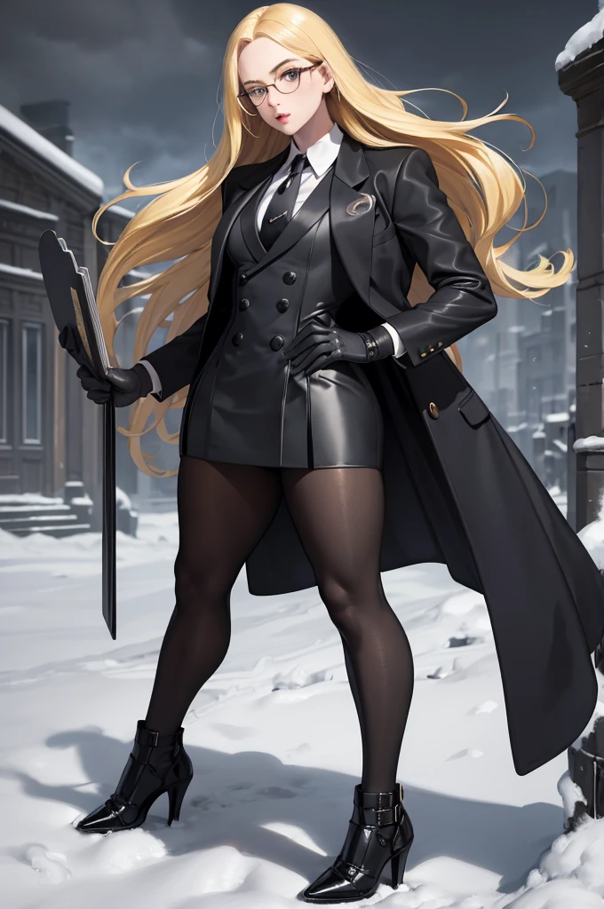 masterpiece, best quality, blonde hair, sfKolin, glasses, black shiny skirt suit, (((three-piece suit))), necktie, blazer, suit jacket, waistcoat, bodycon skirt, snow, grey sky, black gloves, holding clipboard, looking at viewer, high heels