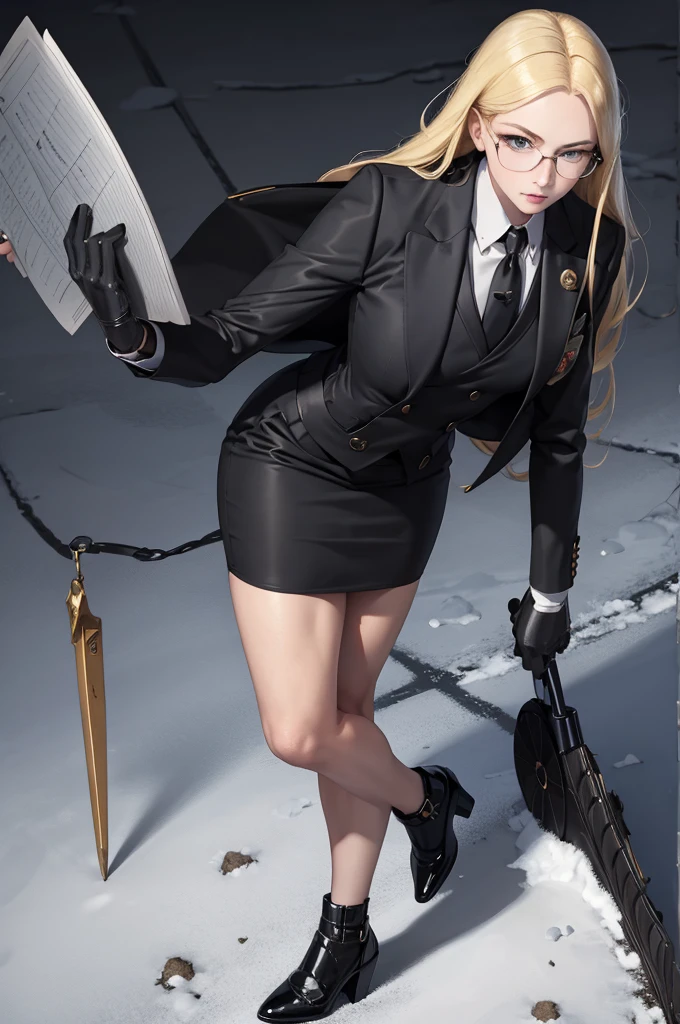 masterpiece, best quality, blonde hair, sfKolin, glasses, black shiny skirt suit, (((three-piece suit))), necktie, blazer, suit jacket, waistcoat, bodycon skirt, snow, grey sky, black gloves, holding clipboard, looking at viewer, high heels