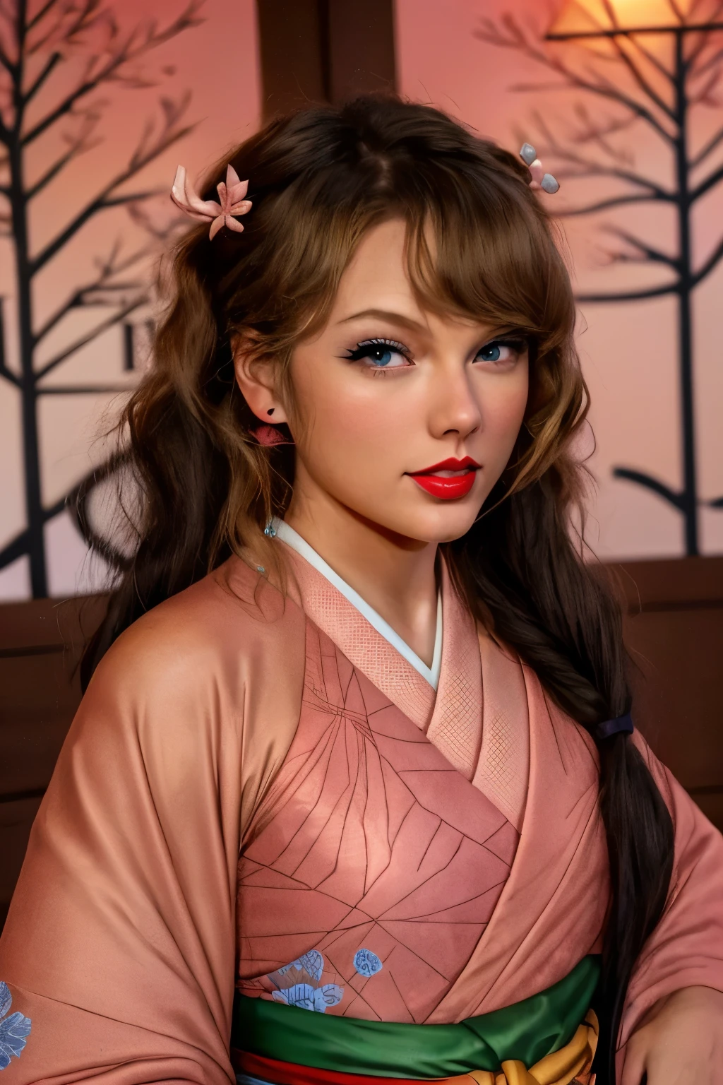 insanely detailed, Detailed portrait of illustration,masterpiece, best quality, beautiful lighting,(taylor swift),nezuko, japanese_clothes, kimono, solo, bamboo, bit_gag, gag, pink_kimono, gagged, looking_at_viewer, forehead, RAW photo, 8k uhd, film grain,