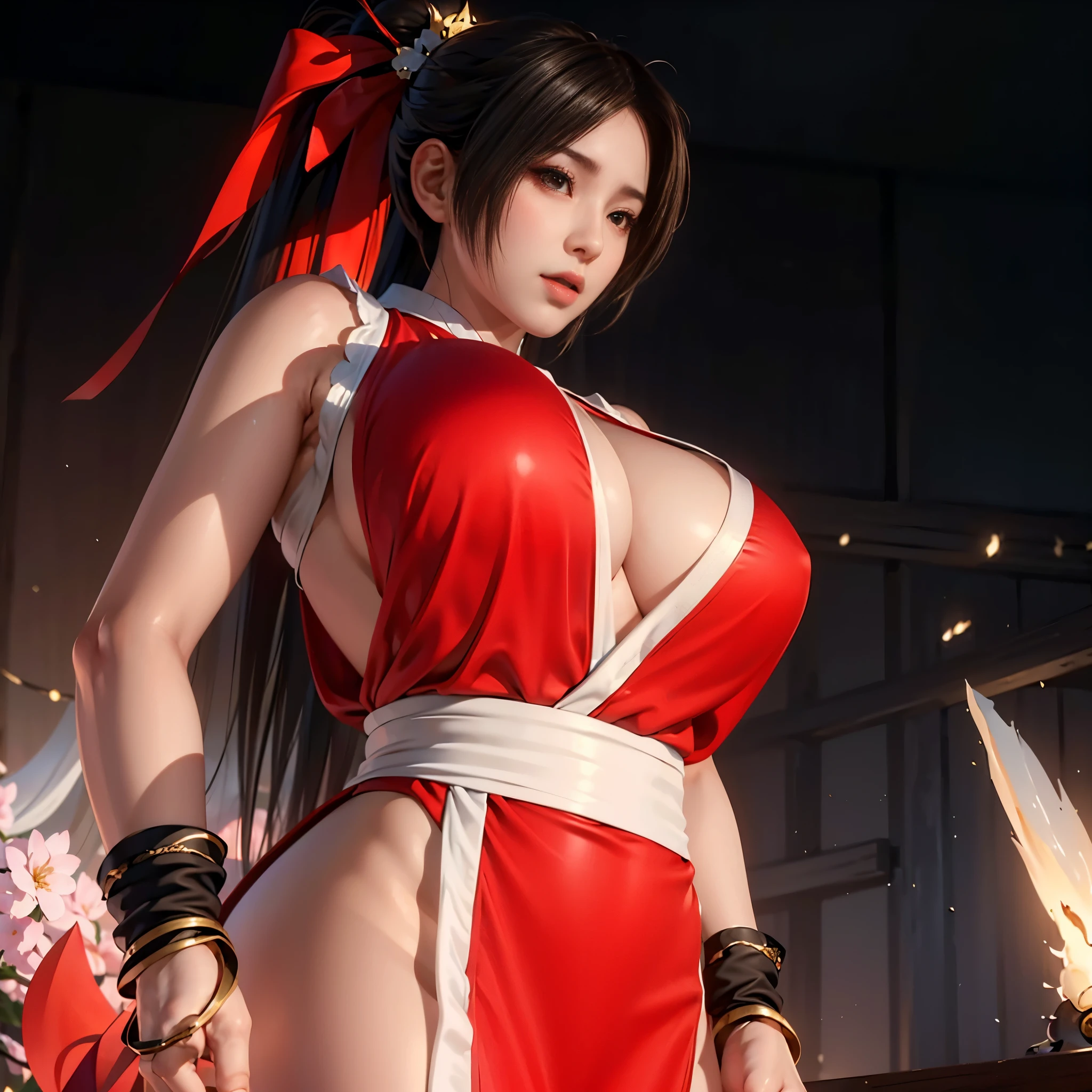 (((big breasts，perfect hands，perfect hands指，Finger details，from below:1.3))),Mai Shiranui站在樱花树下，Mai Shiranui，Wearing a tight-fitting battle suit，Distinctive features；The picture combines modern and Japanese traditional art styles，Floating flames intertwined with cherry blossoms，Demonstrate mystery and power；Stunning visual effects，Contrasting colors，Mainly red and black，Passion and coldness intertwined；The picture is extremely sharp，The details are meticulous，High-quality；Clever light handling，Create a dramatic atmosphere；Master of brushstrokes，Impeccable professionalism，An unforgettable work of art。