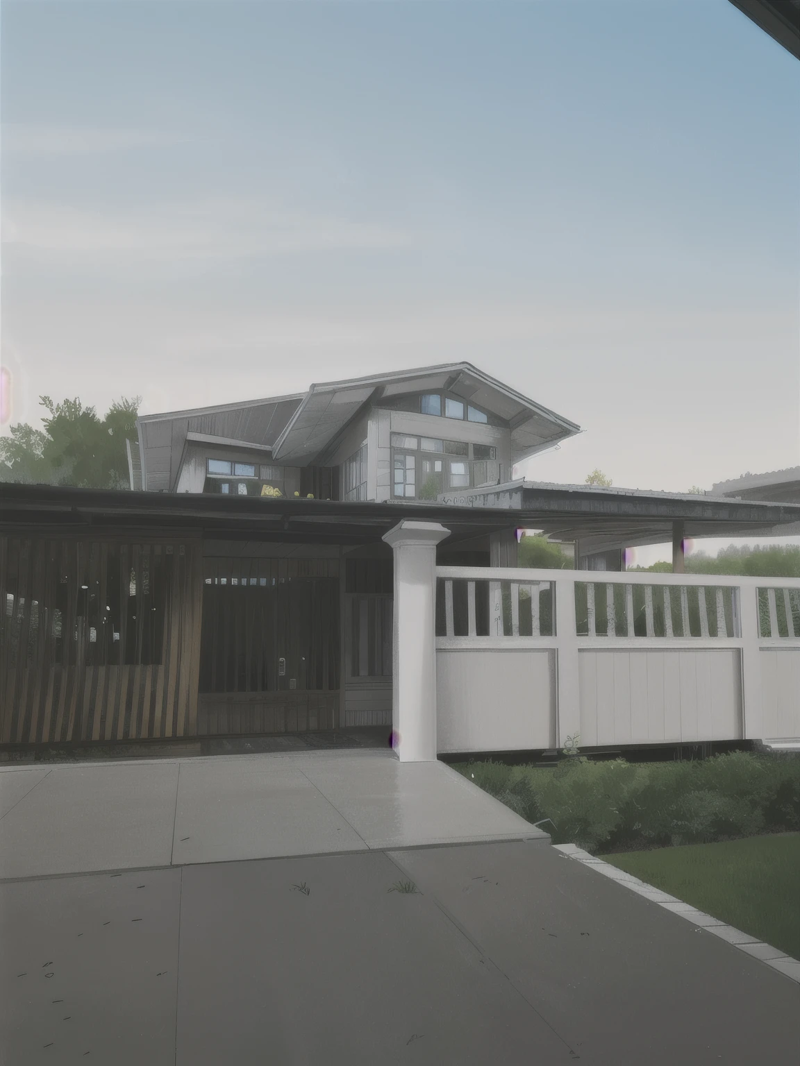 color photo of a modern and minimalist grey-colored Midcentury home. The house exudes an elegant and sophisticated vibe with its sleek lines, clean design, and neutral color palette. The exterior of the home is painted in a beautiful shade of grey, which perfectly complements the surrounding landscape. Large windows allow an abundance of natural light to flood the interior, creating a bright and airy atmosphere. The architectural details, such as the flat roof, angular shapes, and minimalistic landscaping, add to the overall contemporary aesthetic of the house. This grey Midcentury home stands as a timeless masterpiece, blending seamlessly with its surroundings.