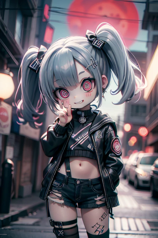 #Quality(8k,best quality,masterpiece,cinematic),solo,#1girl(cute, kawaii,small kid,grin:1.4,hair floating,hair color cosmic,twin tail hair,pale skin,skin color blue,eyes are red,red eyes shining,big eyes,ripped clothes:1.4,tube top,hot pants,peace sign:1.4,bust shot:1.4,open stomach),#background(at night,red moon in the sky,outside,backstreet,dark)