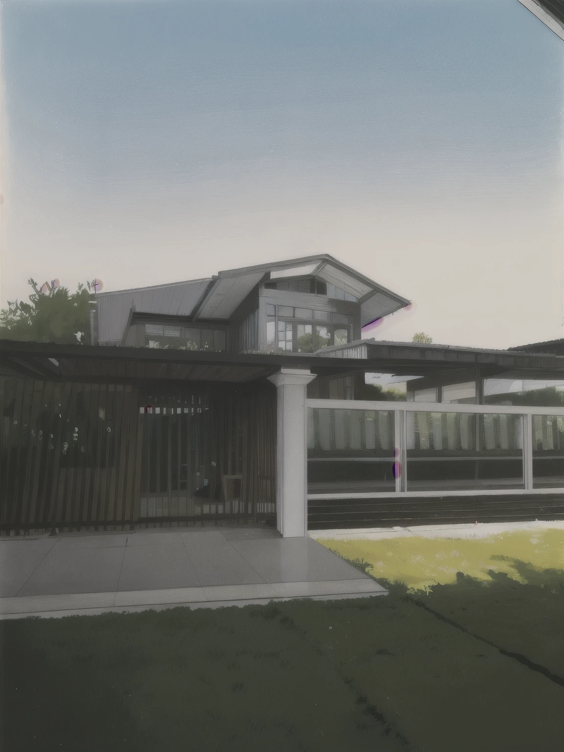 color photo of a modern and minimalist grey-colored Midcentury home. The house exudes an elegant and sophisticated vibe with its sleek lines, clean design, and neutral color palette. The exterior of the home is painted in a beautiful shade of grey, which perfectly complements the surrounding landscape. Large windows allow an abundance of natural light to flood the interior, creating a bright and airy atmosphere. The architectural details, such as the flat roof, angular shapes, and minimalistic landscaping, add to the overall contemporary aesthetic of the house. This grey Midcentury home stands as a timeless masterpiece, blending seamlessly with its surroundings.