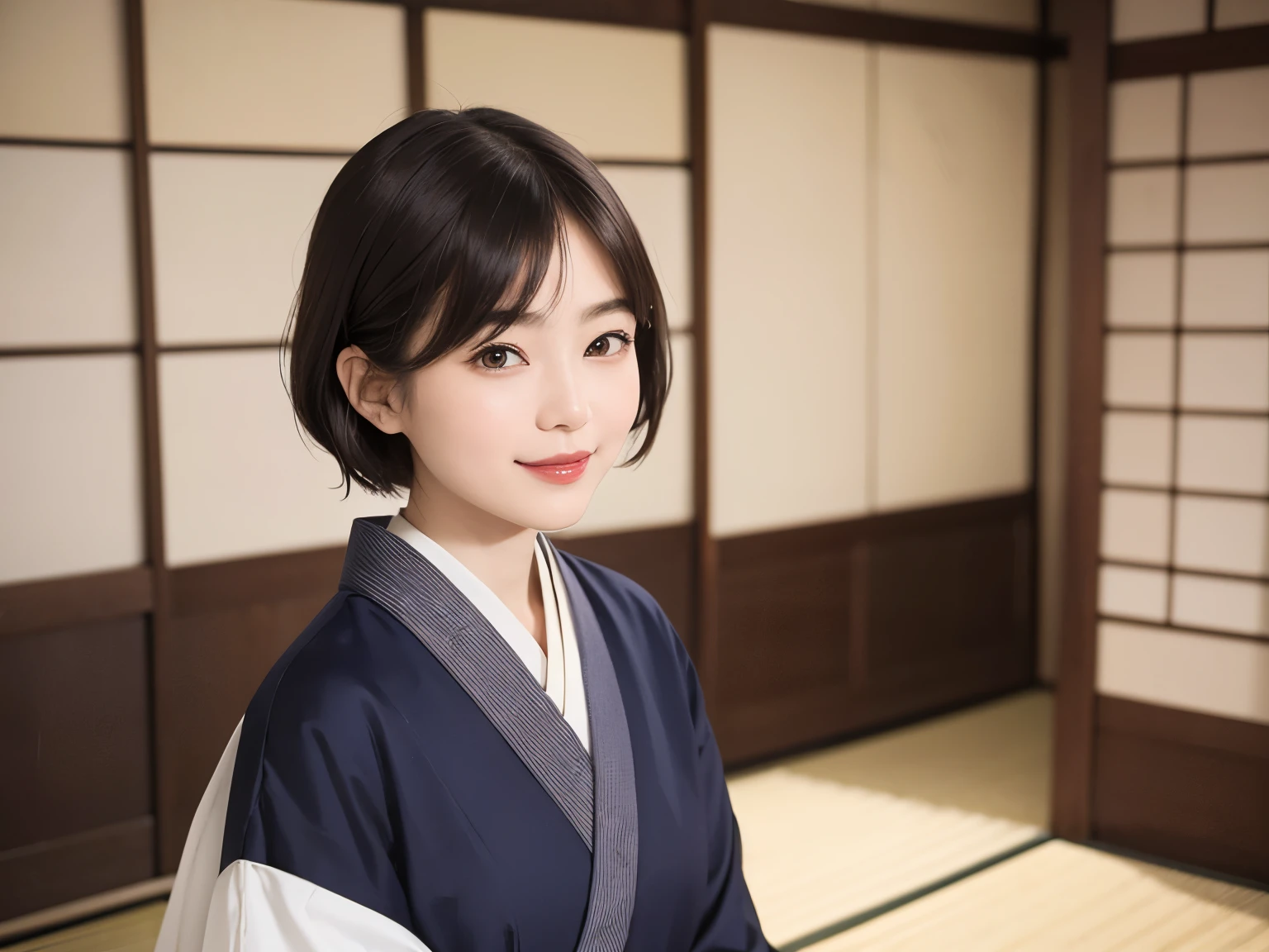 198 (snapdd00-Fp16), Japanese painting, woman, gentle smile, lipstick, short hair, Paintings by Shoen Uemura, Japanese style room, japanese architecture, Japanese garden