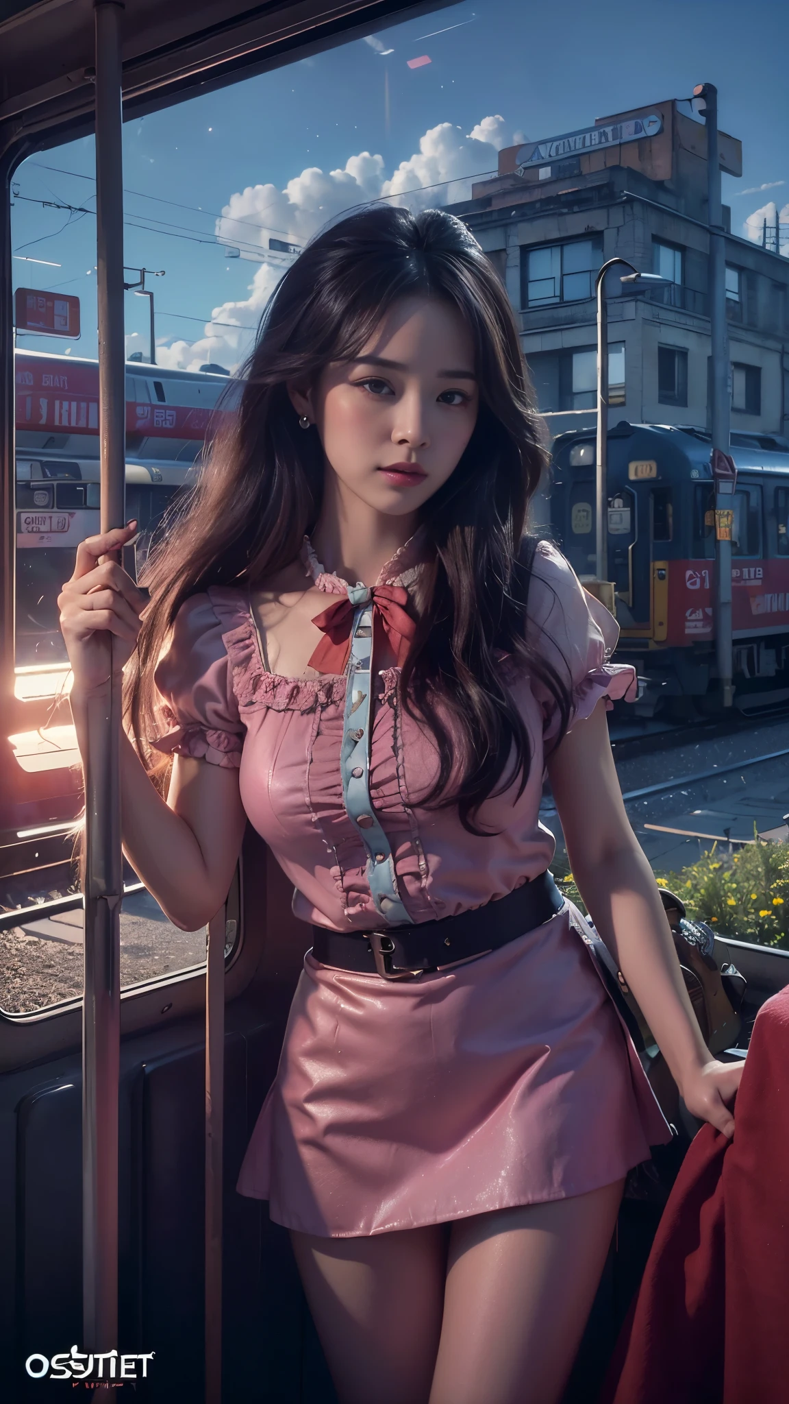 magenta tint、vibrant with colors、((tmasterpiece)))、(((quality)))、((ultra - detailed))、(Surreal)、(Very detailed CG illustration)、offcial art、CD cover、It will be、midsummer、The glorious 1980s、1 Sister,ssmile、cochetti gorgeous、incomparable beauty、long whitr hair,short blouse,Superskirt、perfect angle、Perfectcomposition、corner store,(evening,trains station,trains,Cloud),