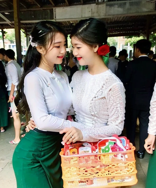 Yangon in 2 girls who gets married and stands in front of many people, kissing.