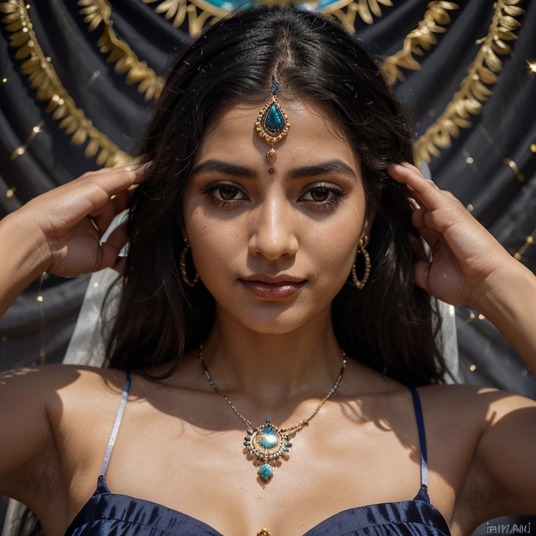 "Within the vibrant tapestry of colors, there emerges a vision of ethereal beauty, adorned with the mark of tradition and grace. A delicate bindi rests upon her forehead, a radiant symbol of wisdom and spirituality, drawing the eye to the center of her being. Her features, sculpted by the hands of artisans, reflect the rich heritage of India, while her eyes, like pools of obsidian, hold the stories of generations past and the dreams of generations yet to come. Cascading locks of midnight silk frame her face, adorned with jewels that shimmer like stars in the night sky. In her presence, one finds a harmonious blend of tradition and modernity, a timeless homage to the beauty of the Indian woman."