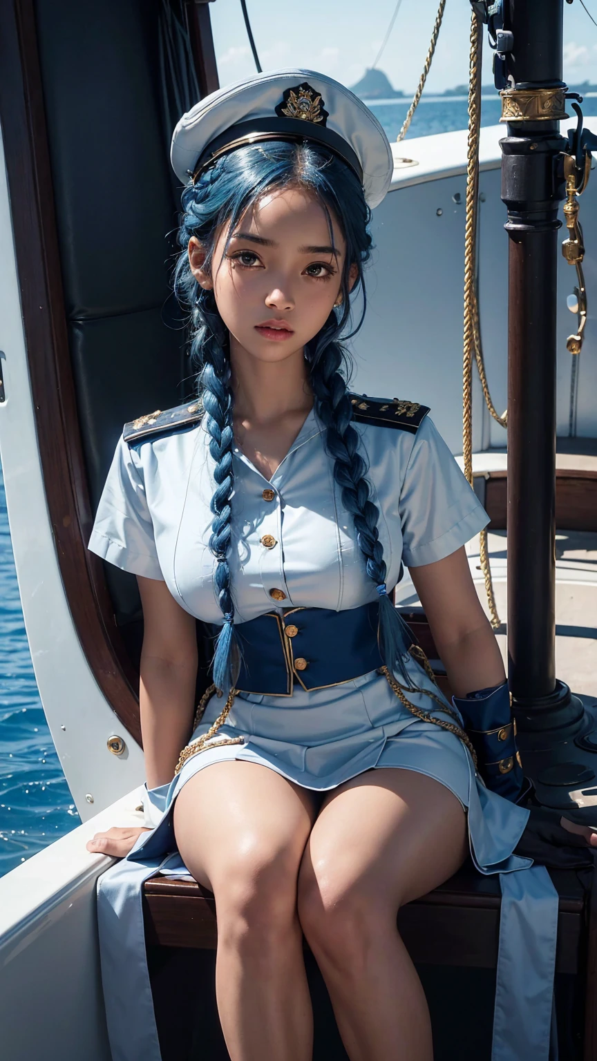 ((best quality)), ((masterpiece)), (detailed), perfect face, Fijian girl, blue hair in two braids, slim body, super sexy, very erotic, wearing a captain's hat, wearing a microphone, wearing a captain's uniform, wearing a white mini skirt, sitting hugging her knees on a luxury ship without expression