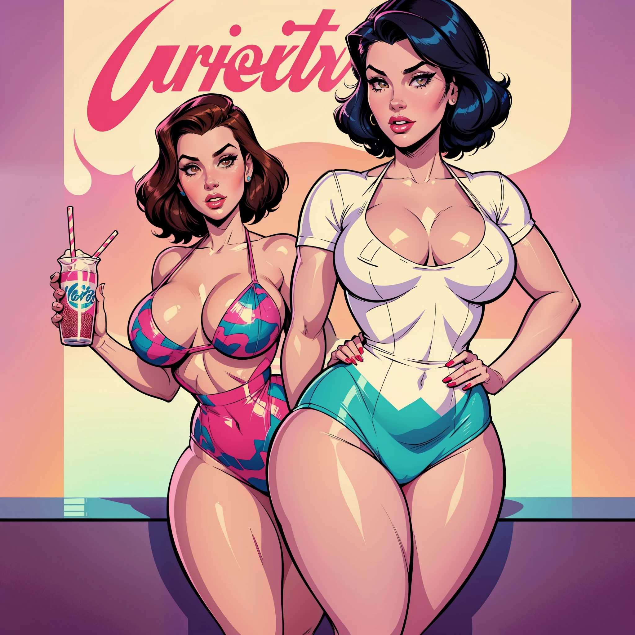 Young girl, 40s fashion appearance, in style of digital illustration, pinup art, lois van rossdraws, artstyle : ilya kuvshinov, deviantart artstation cgscosiety, stunning digital illustration, soda themed girl, beautiful retro art, jen bartel, milkshake, matte digital illustration, glossy digital painting, ((curvy body)) micro bikini