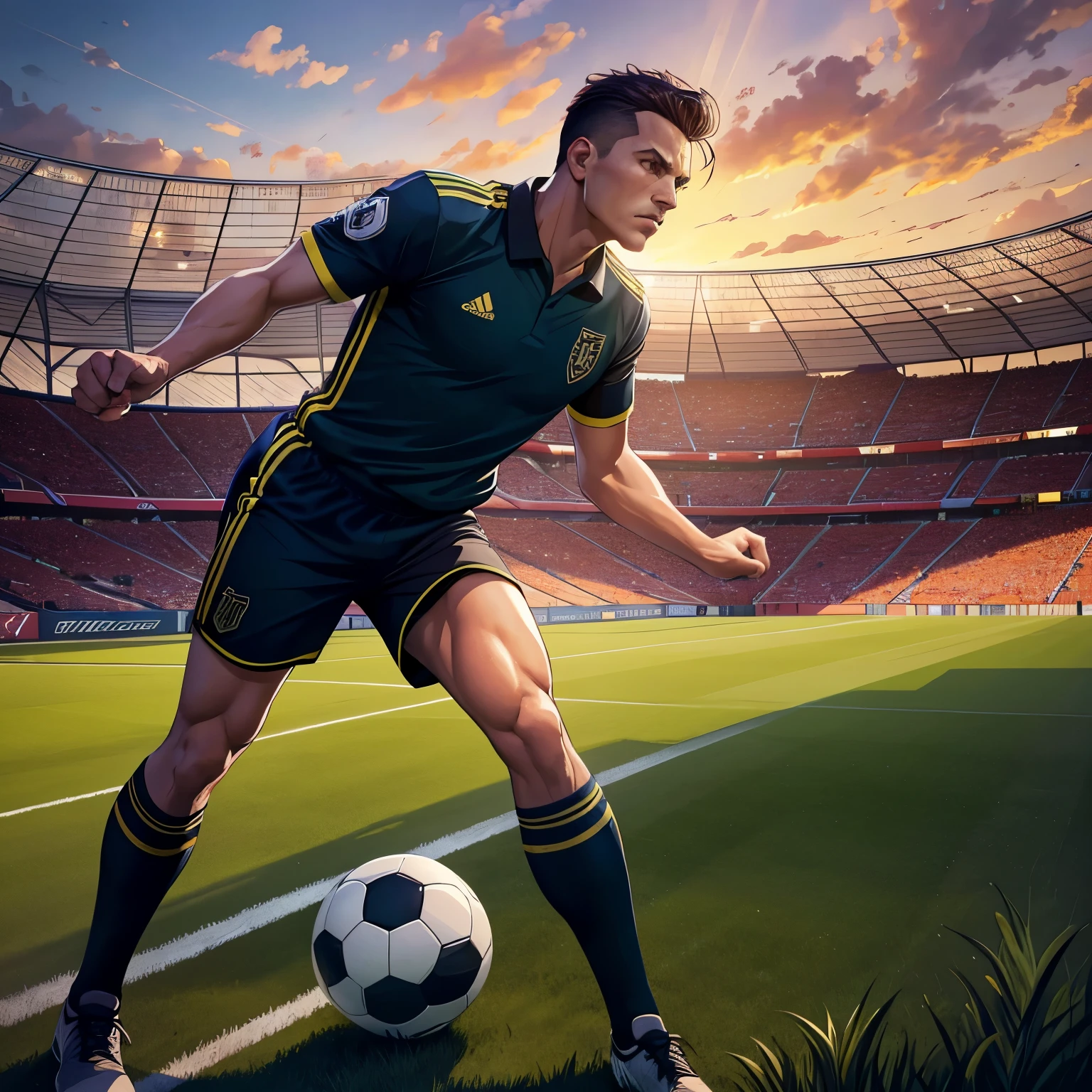 In the heart of a sprawling soccer stadium, where the lush green field meets the crisp morning air, a determined referee stands ready. His detailed face etched with lines of concentration and anger as he prepares to oversee a crucial match. The setting sun casts a soft, warm light over the scene, illuminating the intricate lines and textures of his uniform. The vibrant colors of the soccer field and the surrounding stadium bleachers add to the vividness of the illustration, creating a high-resolution masterpiece in 1.2. The photorealistic rendering brings every fiber of the referee's uniform and every blade of grass to life, immersing the viewer in