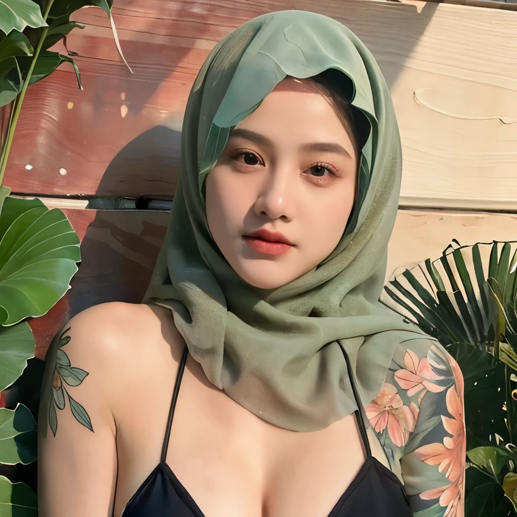 Masterpiece, 32k, high Resolution, Ultra high Quality, super detailed background, beautiful lighting, 1girl, green hijab, solo, beach, Hands down, looking at viewer, black bikini, huge breast 1.0, tattoos, close-up, shoulder tattoo, floral print, flower tattoo 