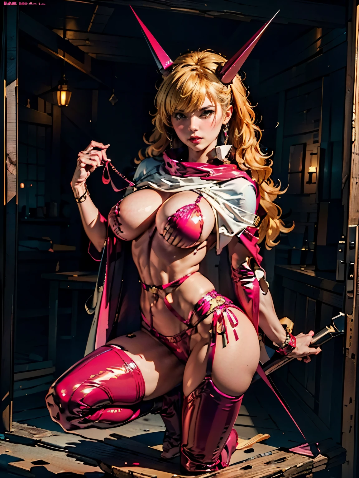 closeup of a sexy girl with her blonde hair covering her face, image of sexy girl full body, girl with long blonde hair, girl with her blonde hair covering her eyes, sexy girl with her eyes under her hair, anime style image of a horned woman dressed in leather pink, girl wearing a sexy pink leather dress, girl in pink lingerie, girl with two pink pointed horns, girl with two pink horns and a pink cape, beautiful succubus, girl in a provocative position, succubus, extremely detailed artgerm, lady in red armor, high definition image, extremely detailed anime image, anime style image