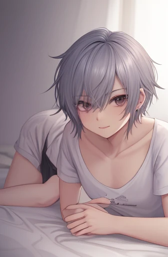 cheeky handsome boy silver hair piercings in both ears Short sleeve shorts illustration style Slender body naughty smile lying down