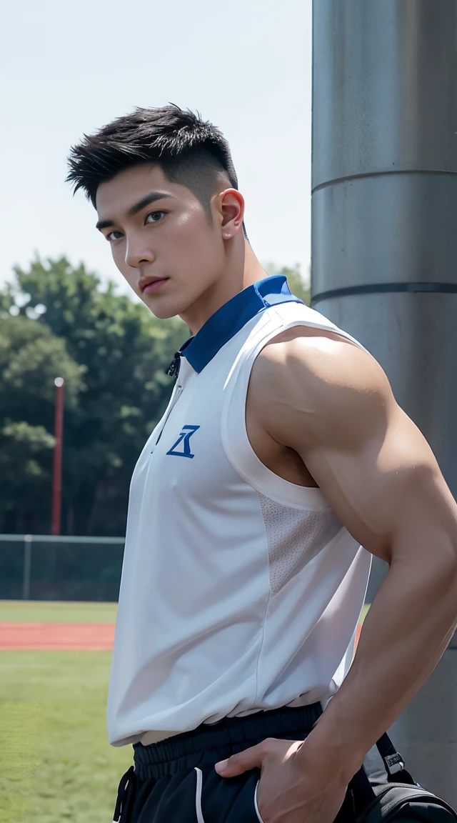 asian male model, big muscles, Full chest muscles，Sexy and charming expression，blue eyes，Handsome, cool, Hair combed smoothly, piercing ears, Wear a loose-fitting vest，sports Shorts，Big bag highlights, image, modeling, dynamic poses, Tsinghua University Campus, China, on the sports field,Many students are exercising，Perfect hand details
